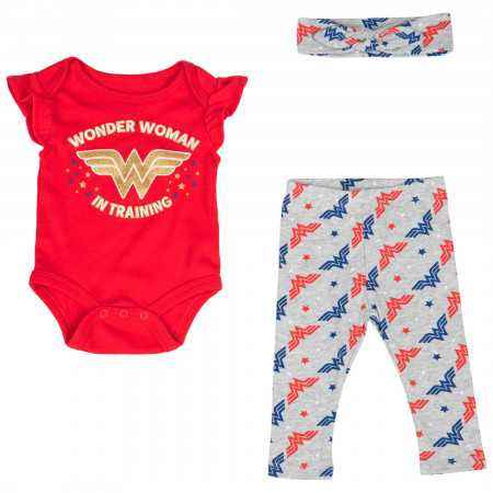 Wonder Woman Logo 3-Piece Bodysuit and Pants Set w/ Headband